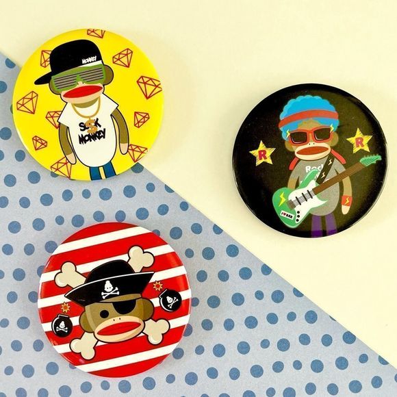 Set of 4 Colorful Sock Monkey Pins, Buttons, NWOT, pirate, rock & roll, rapper - Picture 1 of 5